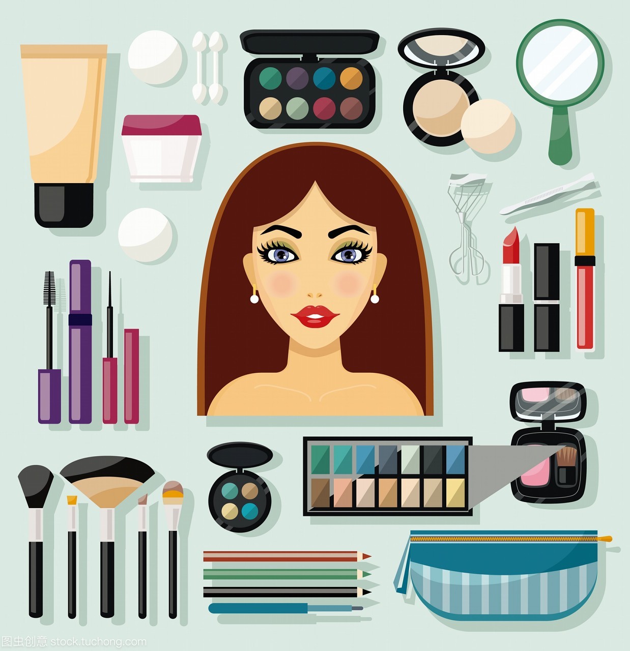 彩妆平面装饰的图标与女人的脸和美容配件分离的矢量插图